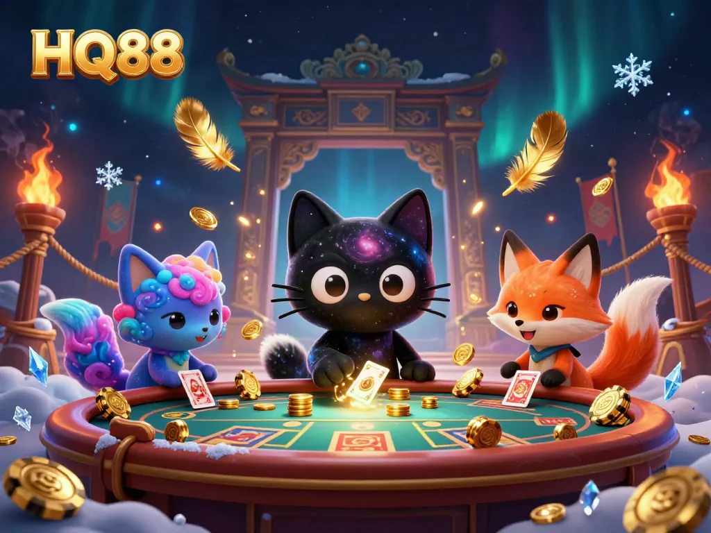 Experience the cosmic charm of HQ88 with a black hole cat and nebula fox in a vibrant casino setting.