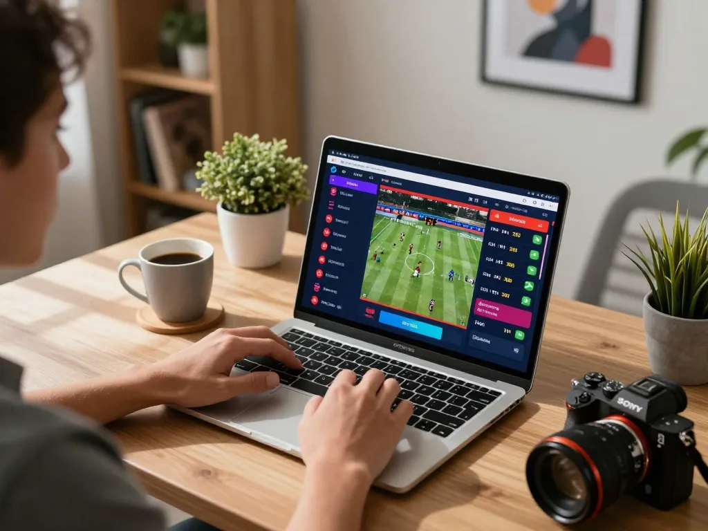 Engaging online betting session showcasing nhandinhkeonhacai in a stylish home office with vibrant betting odds displayed.