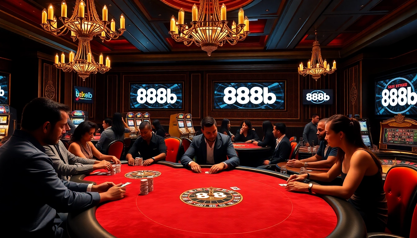 Competitive game of poker with 888b branding, showcasing high-stakes excitement and elegant decor.