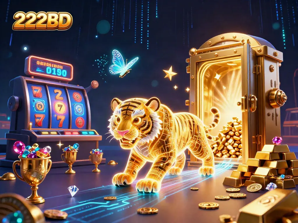 Experience thrilling wins with the dynamic 222BD casino scene featuring a neon tiger and treasures.