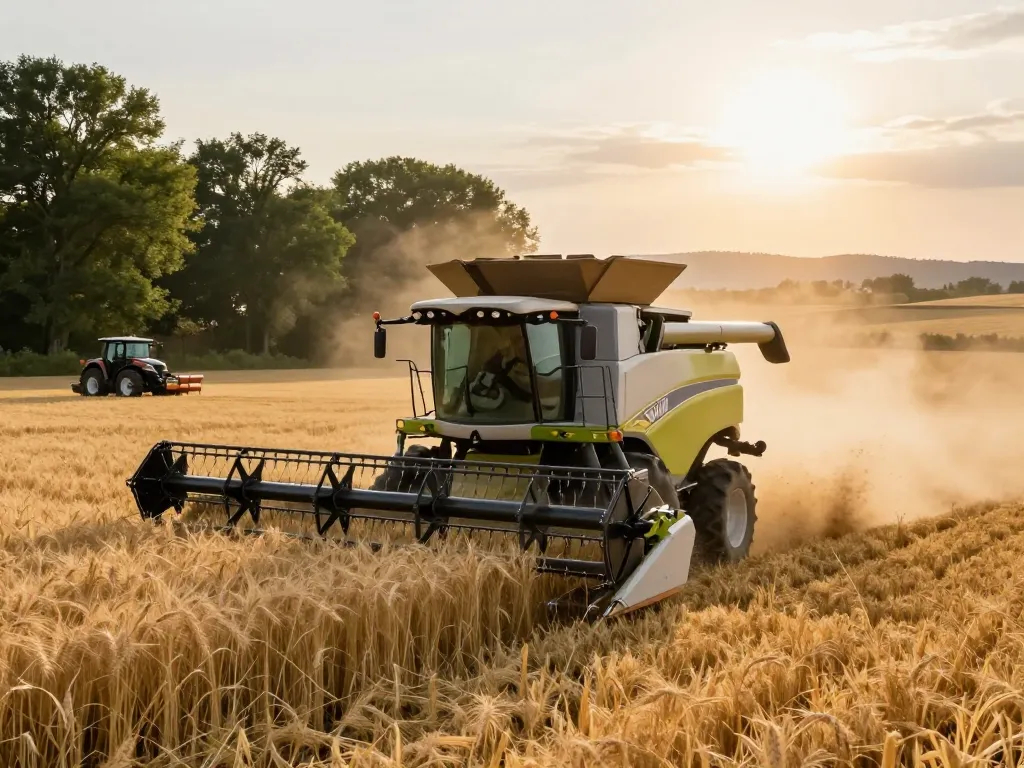 New Holland TR88 combine harvester working in golden wheat fields during sunset, showcasing agricultural productivity.