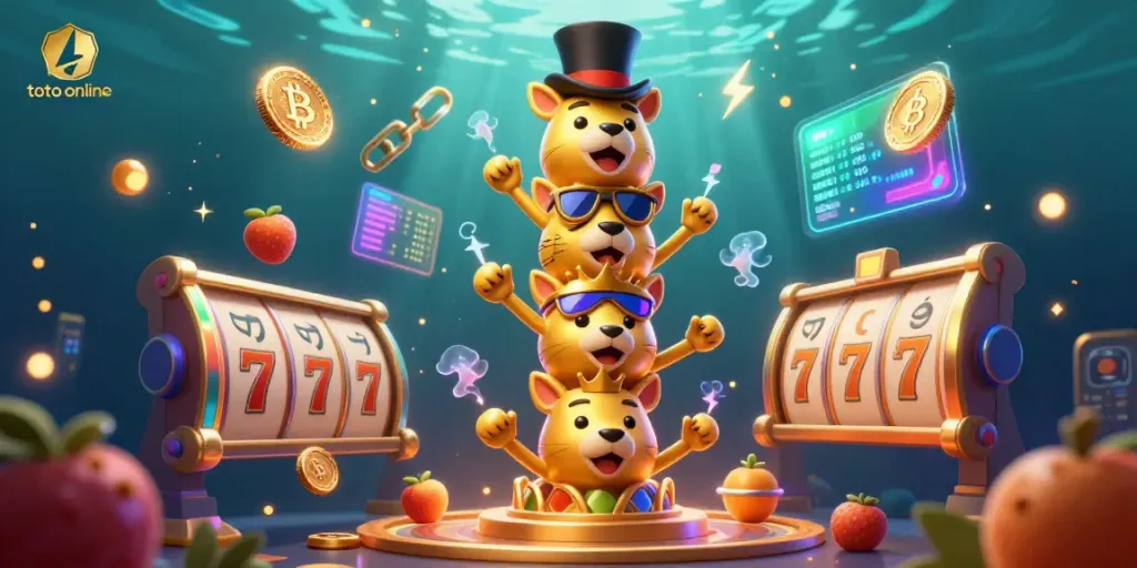 Engage with toto online excitement through a dynamic 3D casino cartoon illustration featuring playful animal faces and vibrant game elements.