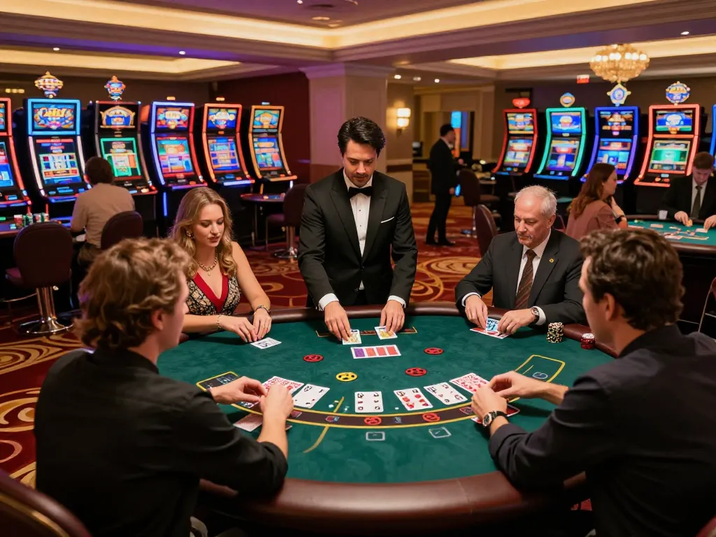 Luck8 players engaging intensely in a blackjack game at an upscale casino with a lively atmosphere.