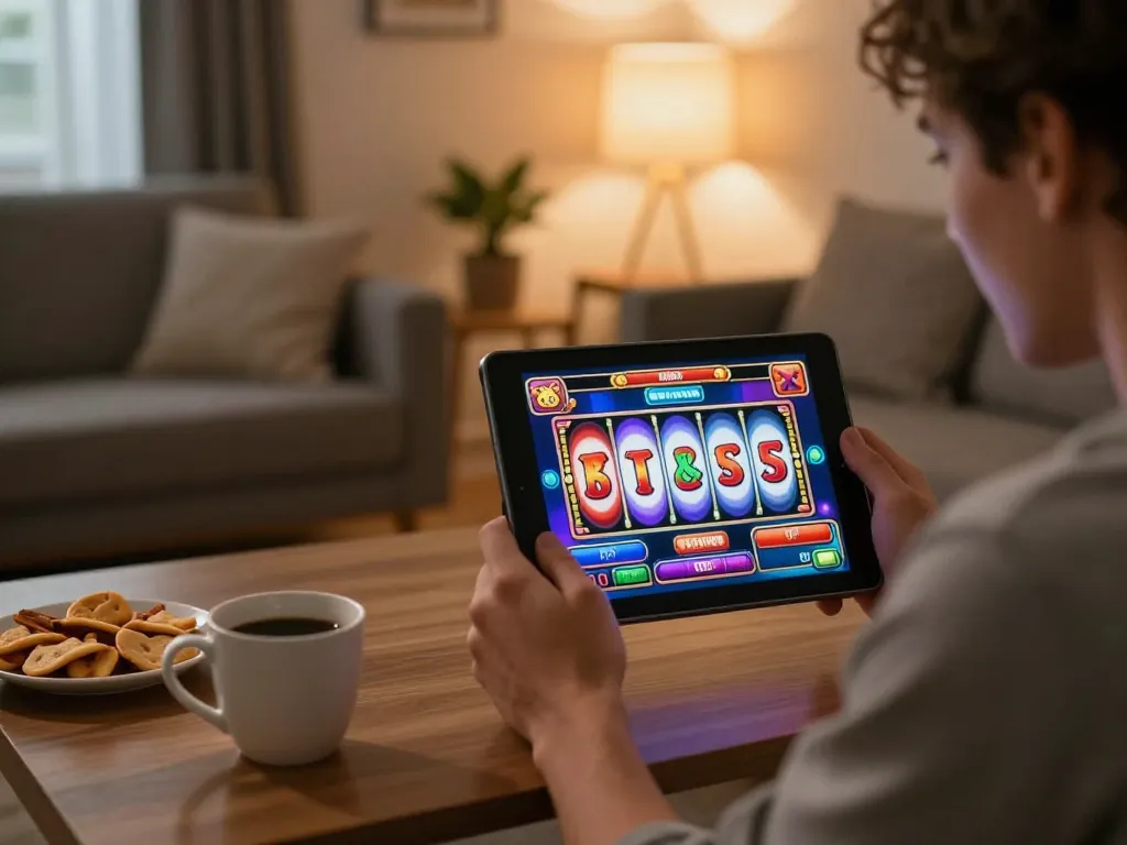 NK88 player enjoying exciting slot games on a tablet in a cozy home setting.