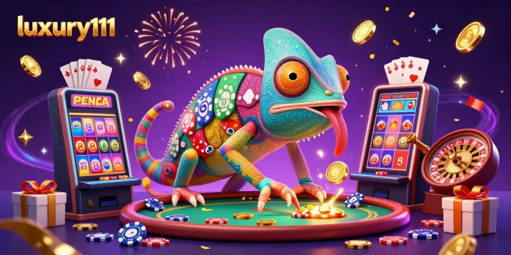 Engage with luxury111's vibrant casino scene featuring a colorful chameleon snapping golden coins amidst dynamic slot games.
