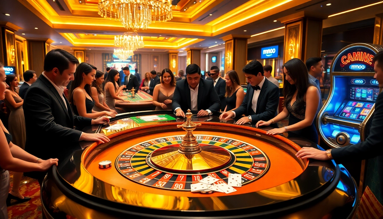 Engaged players enjoy thrilling moments at MMOO casino under vibrant lights with roulette and cards.