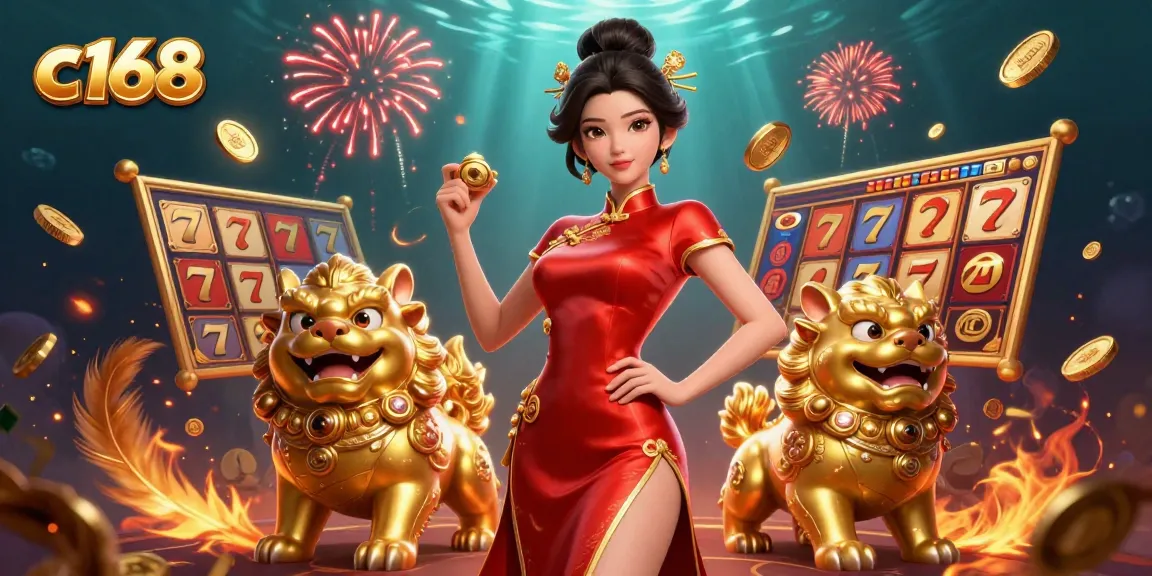 Experience excitement with c 168 as an Asian woman stands with golden foo dog guardians among Slot Games and lucky symbols.