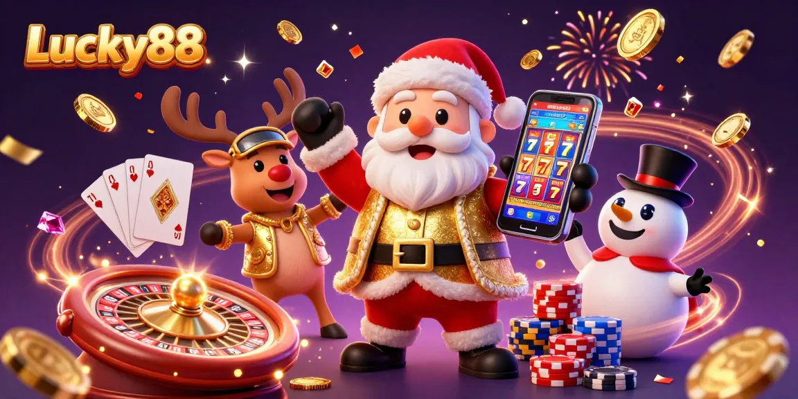 Experience the excitement of Lucky88 with Santa and friends in a vibrant casino scene.