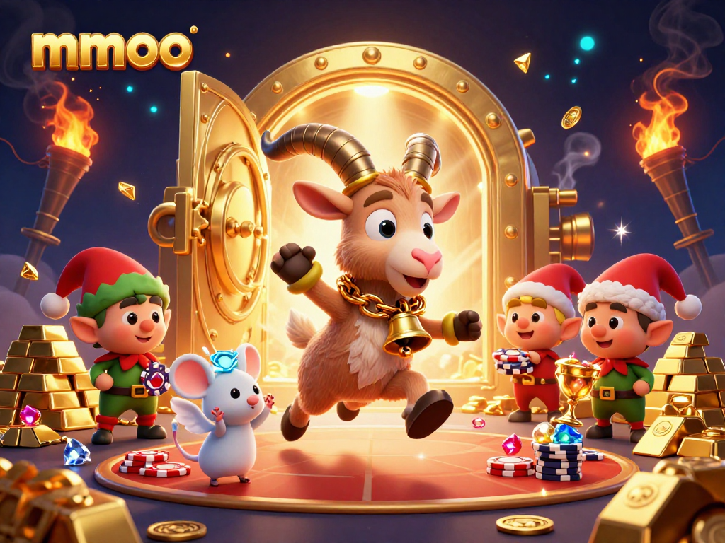 Engage with mmoo's vibrant casino scene full of playful characters and treasure elements.