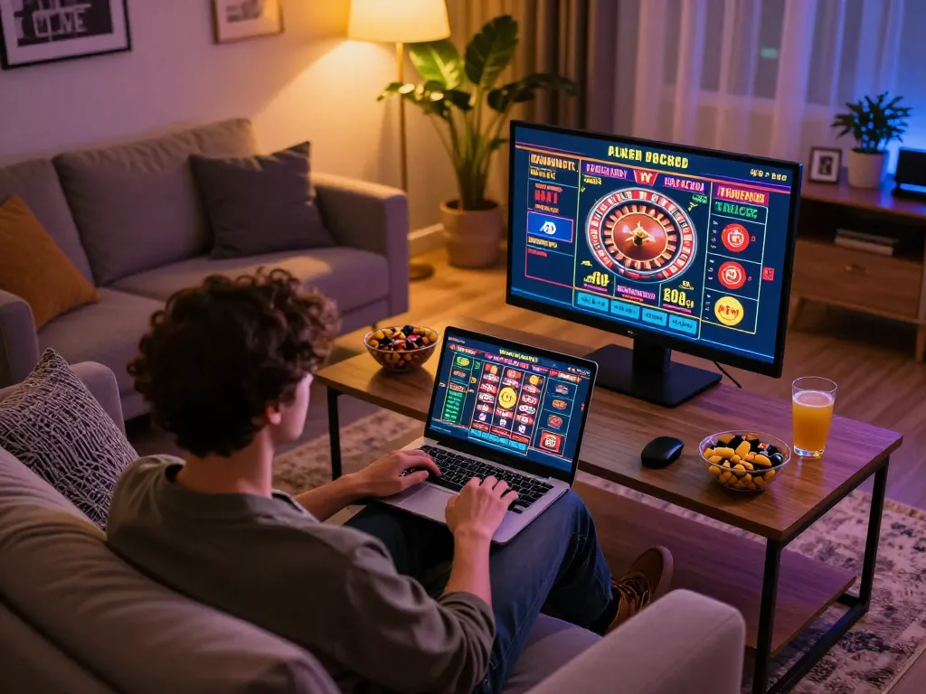 Engaging scene of a user experiencing live casino gaming on Jun88 platform with warm home ambiance.