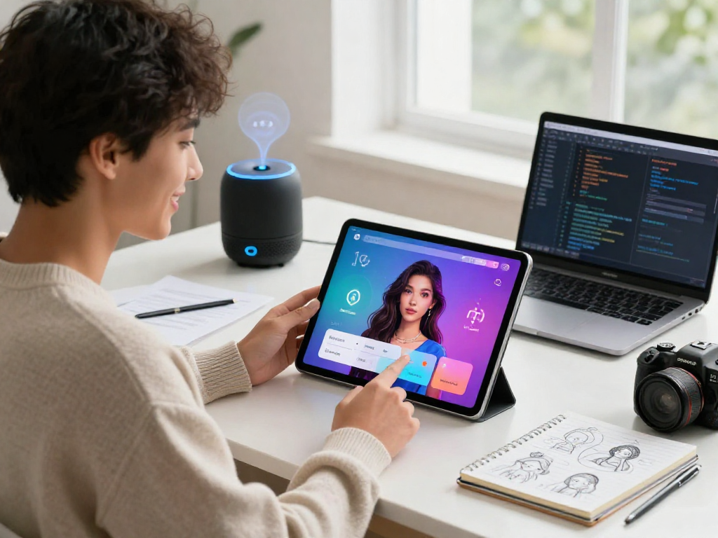 Engaging with an ai girlfriend application on a tablet, showcasing personalization and technology in a bright modern room.