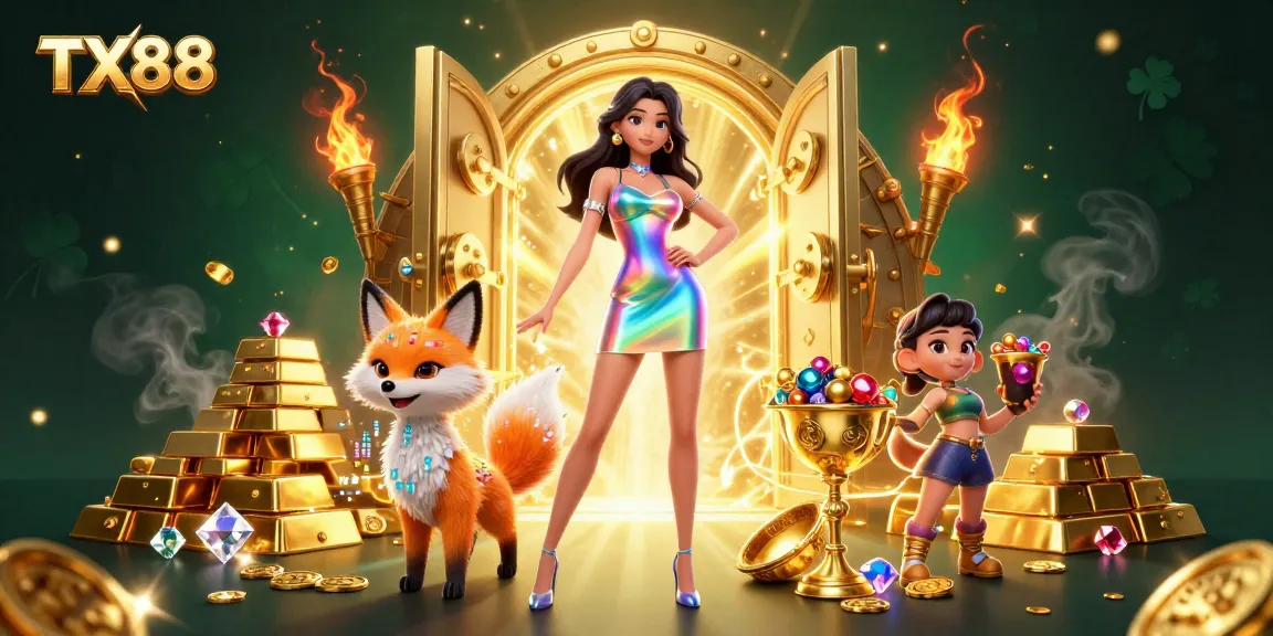 Engage with TX88 in this vibrant 3D casino illustration showcasing fortune and excitement in gaming.