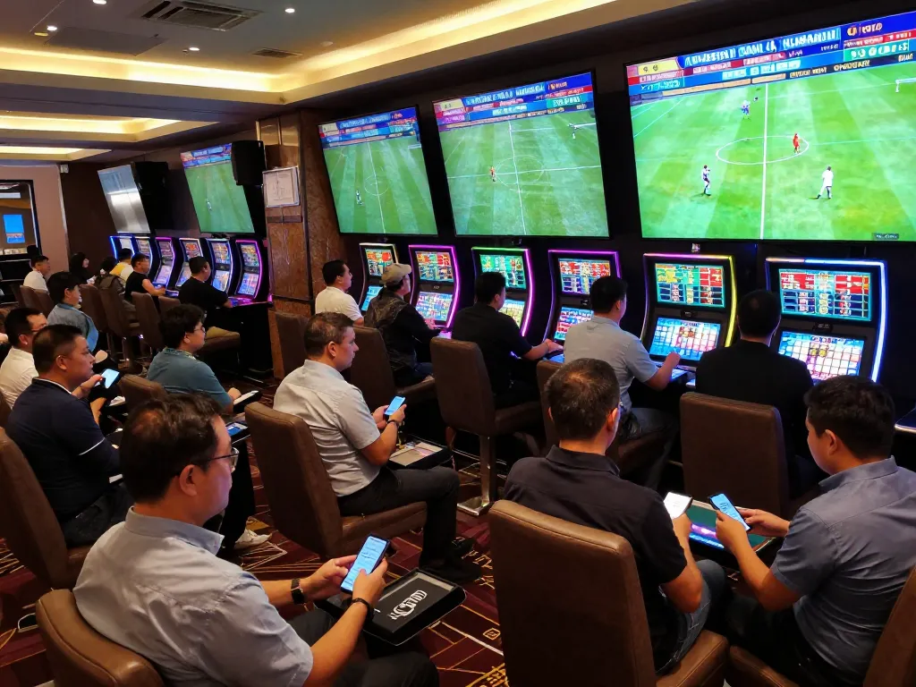Betting on live soccer matches at 7m sports betting area, showcasing enthusiastic bettors and vibrant screens