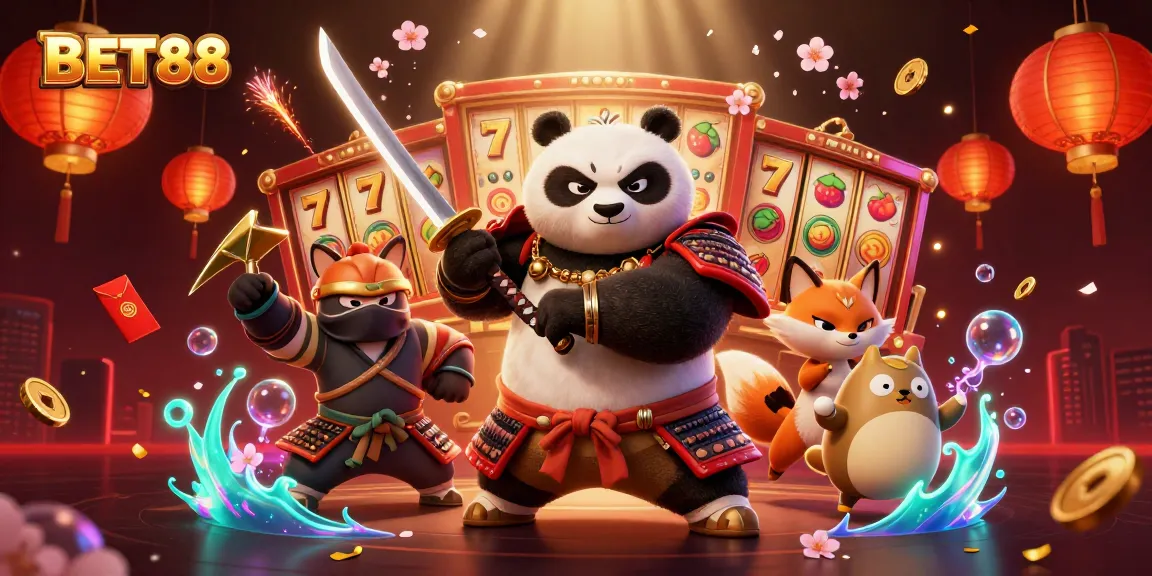 Engage with BET88 and join the thrilling world of slot games featuring rich visual elements of a 3D cartoon illustration.