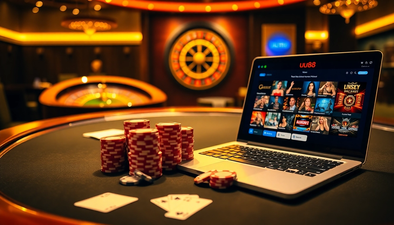 Engaging scene of online gambling at uu88 casino with poker chips and roulette wheel.