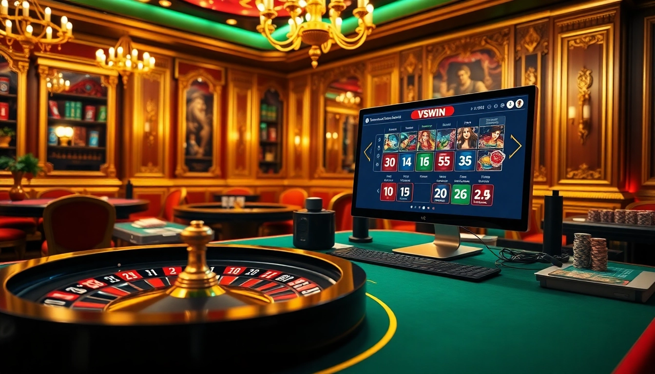 VSWIN online platform showcasing vibrant gambling activities with cards, chips, and a roulette wheel.