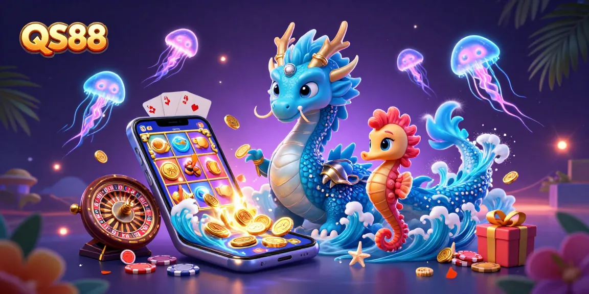 Experience the excitement of QS88 as the dragon and seahorse knight explore vibrant casino games.