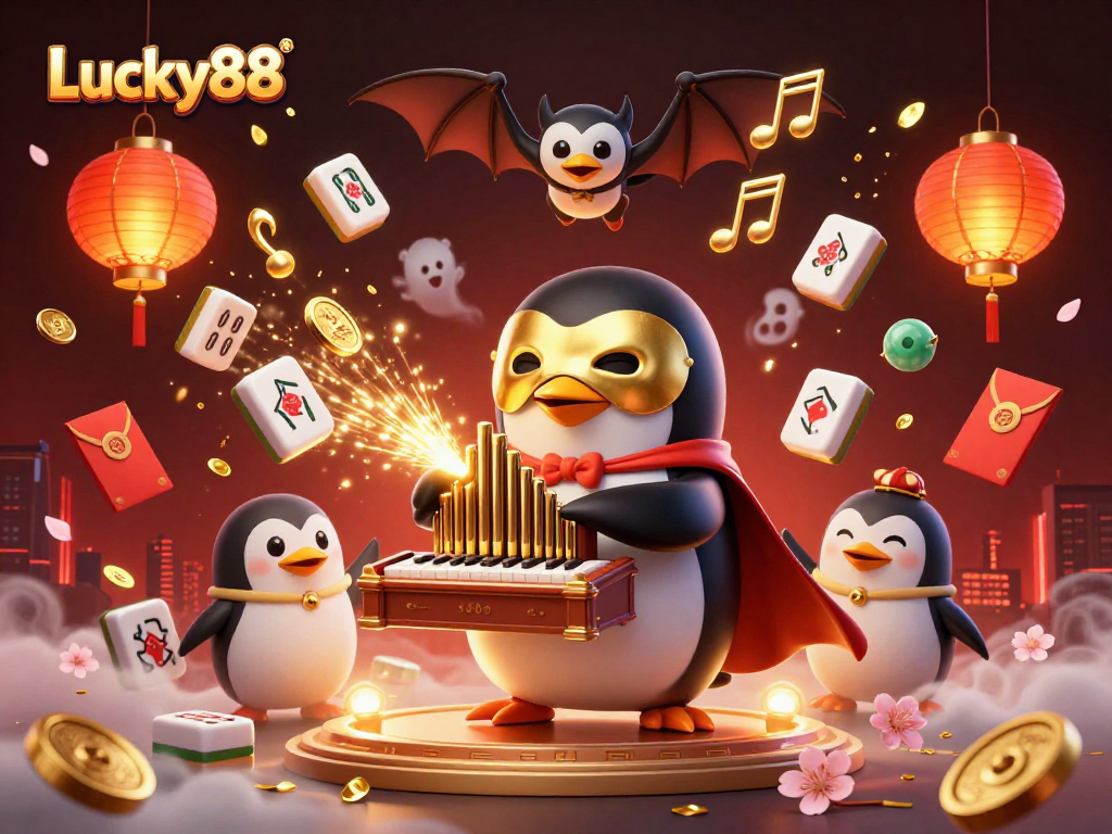 Experience luck with Lucky88's vibrant casino scene featuring a whimsical penguin and dynamic game elements.