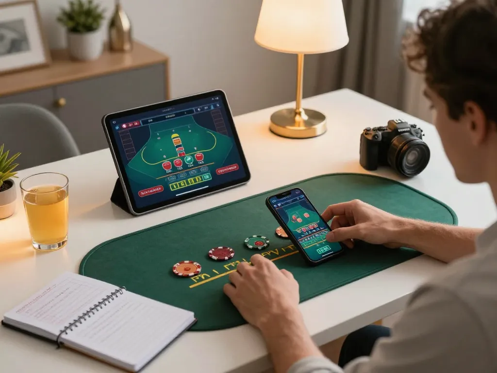 SC88 player engaging in live dealer gaming on smartphone at home, showcasing betting strategies and entertainment