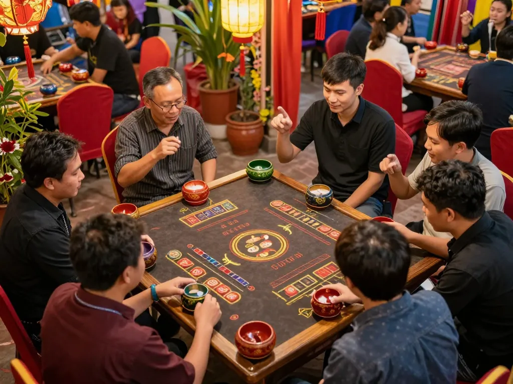 Xóc đĩa game in action at a festive gathering, players engaged and enjoying lively competition