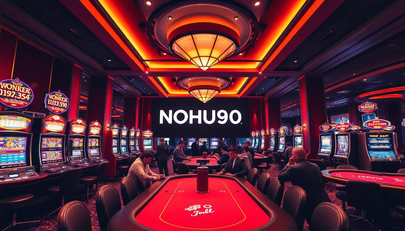 Engaging slot machines and poker tables highlight NOHU90's vibrant casino atmosphere.