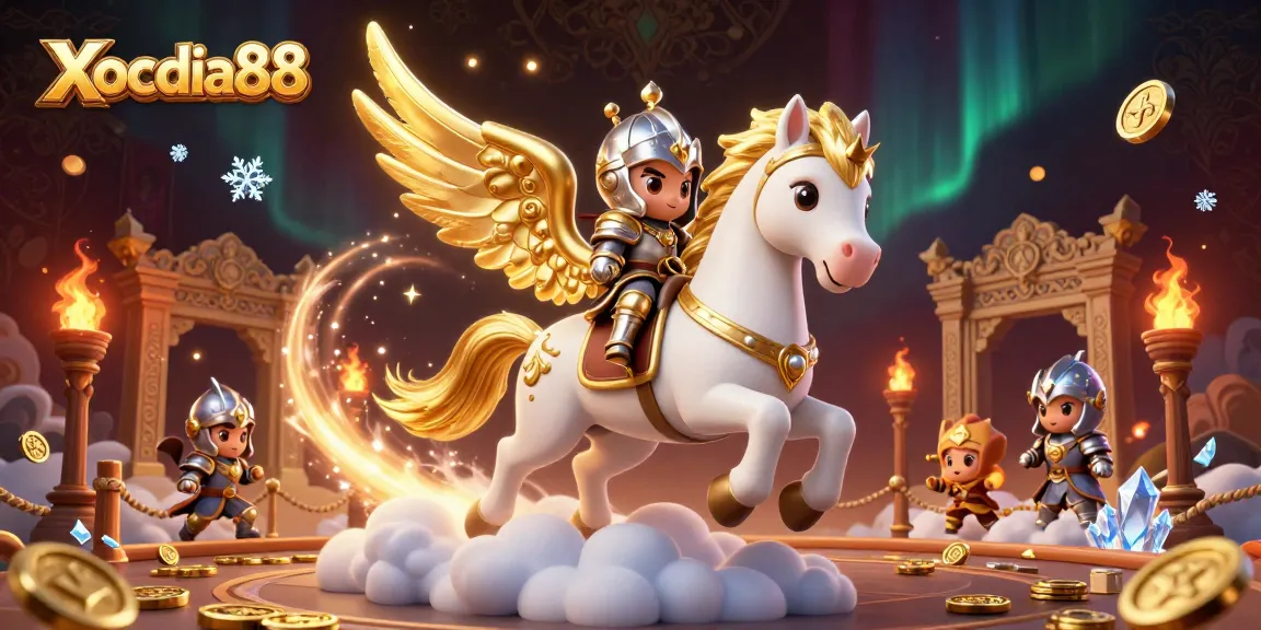 Xocdia88 features a celestial horse and knight in an exciting casino scene filled with gold coins and flames.