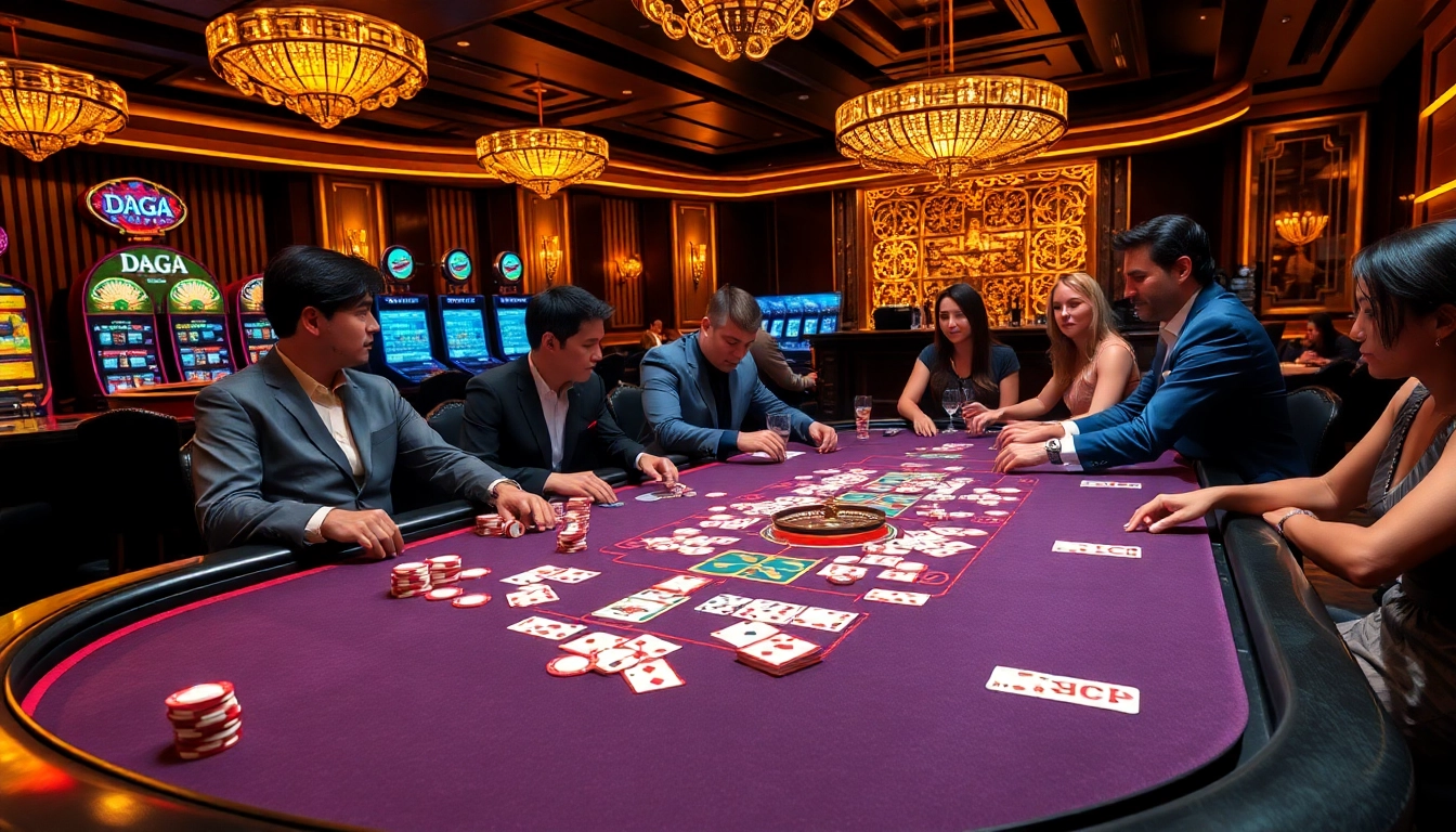 Daga poker players strategizing at an elegant casino table with colorful chips and cards.