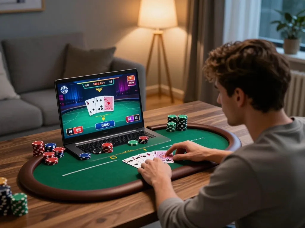 Engaging in online poker gameplay with uk88 while enjoying a cozy home atmosphere.