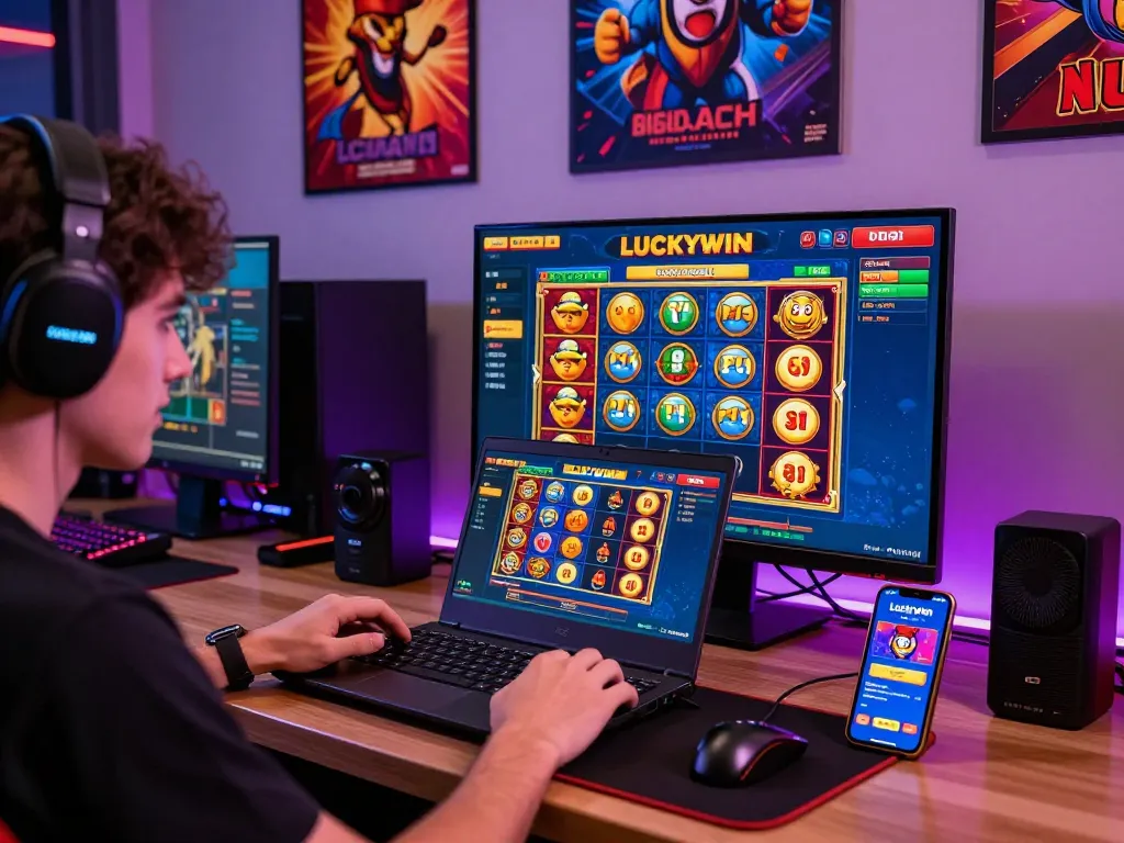 Player enjoying Luckywin casino games on a gaming laptop in a vibrant atmosphere.