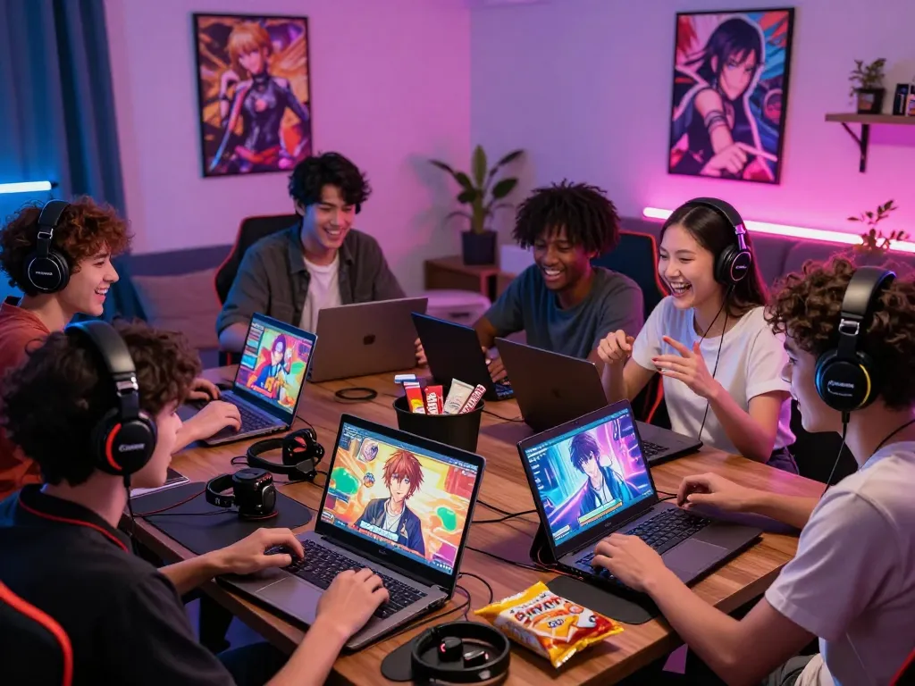 Group enjoying dynamic porn games on devices in a vibrant gaming space.