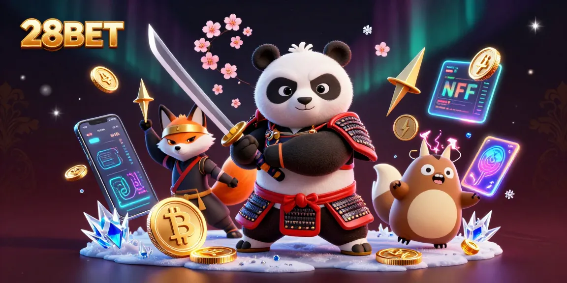 Engage with the dynamic world of 28BET, where samurai panda battles and gambling collide in this vibrant illustration.