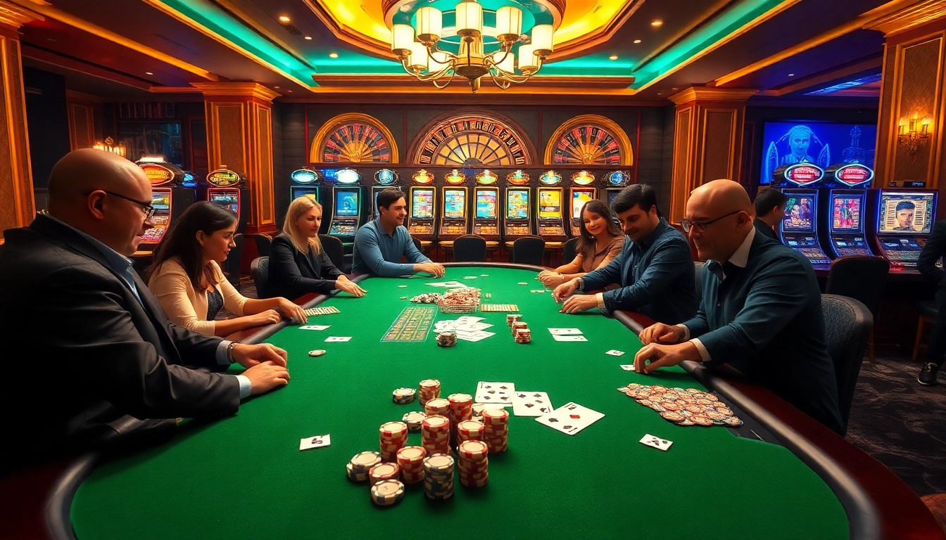 Exciting scene at win79 with players enjoying poker amidst a luxurious casino setting.