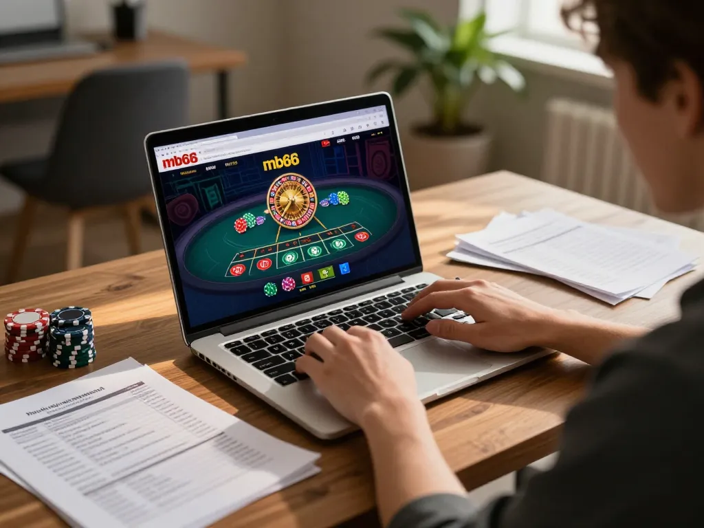 Player enjoying an mb66 roulette game on laptop at home, emphasizing strategic online gambling