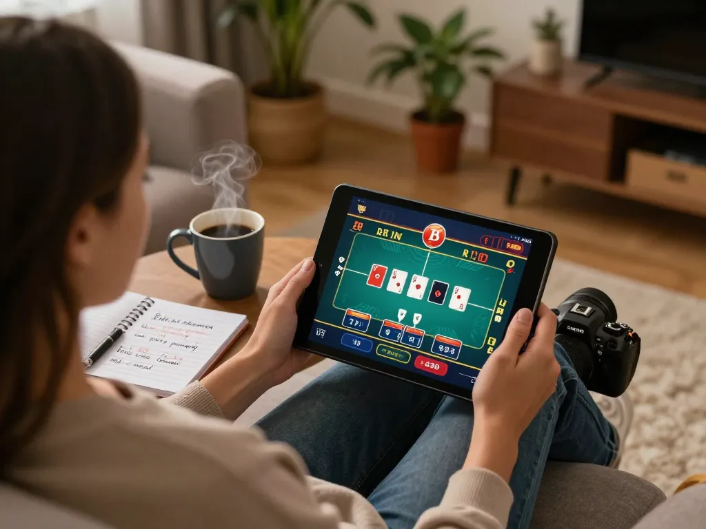 Engaging in an online poker game at home with 789 win tablet interface and strategic notes.
