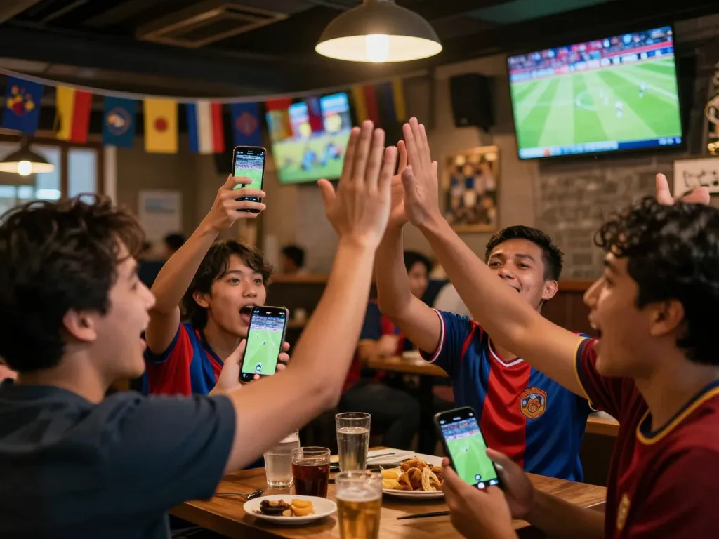 Xoilac bóng đá live streaming captures football fans celebrating in a lively bar atmosphere.