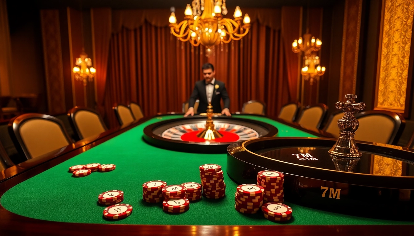 Experience thrilling poker action at a luxurious casino featuring 7M-themed chips and plush decor.