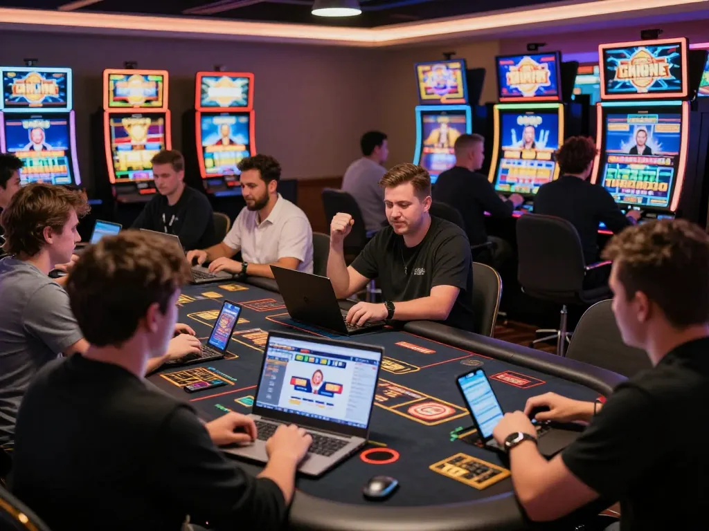 Players enjoying online gaming at 88vv.jpn.com with engaging interfaces and vibrant slot machines.