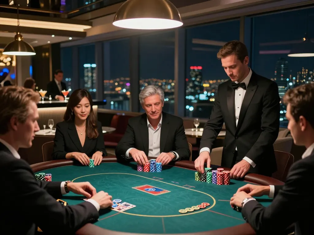 TG88 poker table action with players and vibrant chips in upscale casino atmosphere