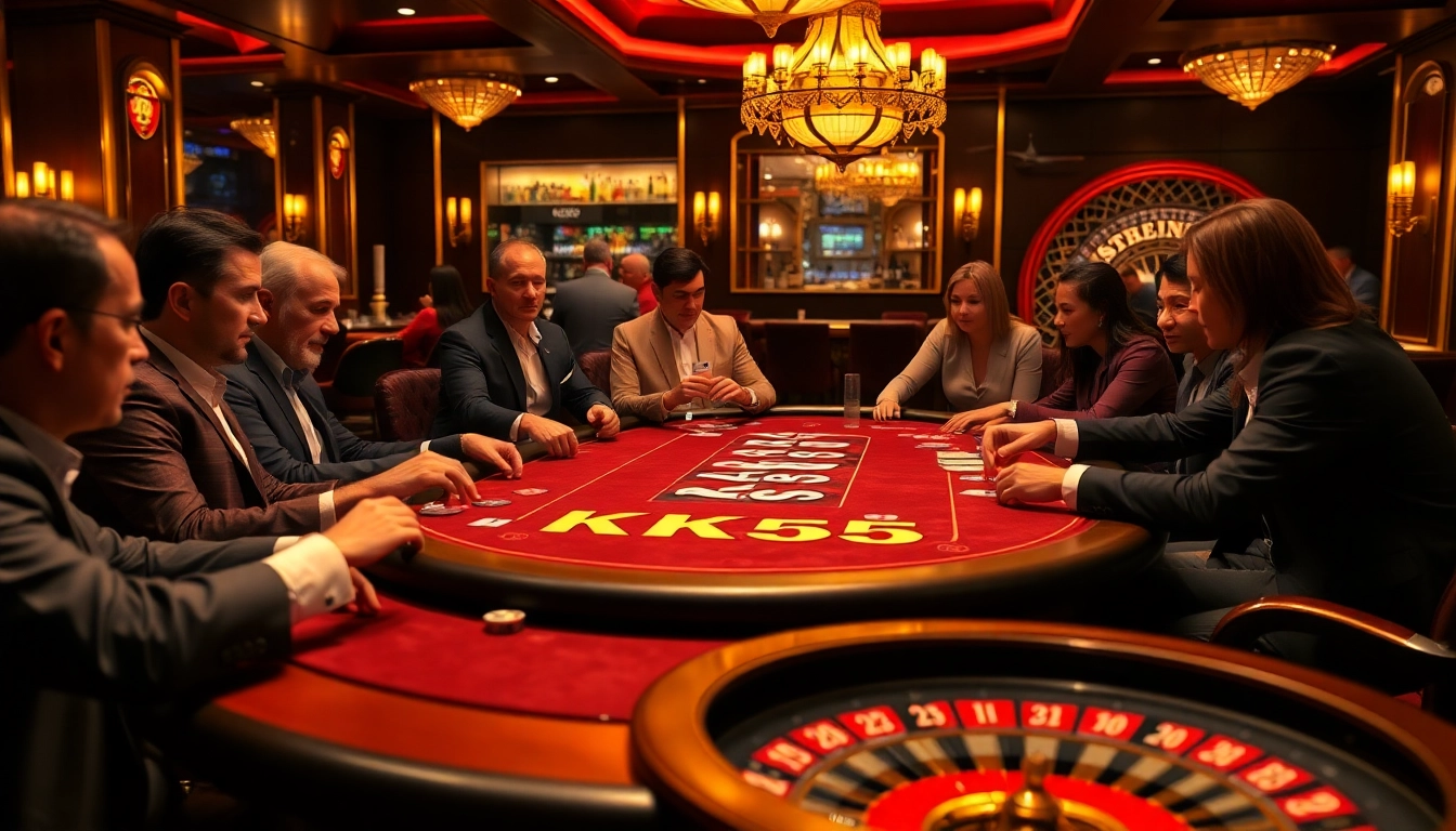Experience KK55 excitement at a poker table with players engaged in high-stakes action.