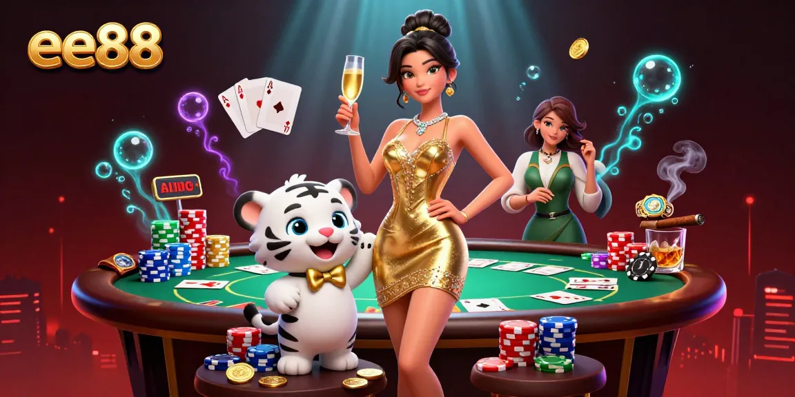 Experience the vibrant excitement of ee88 casino with poker chips, a glamorous woman, and a lucky white tiger.