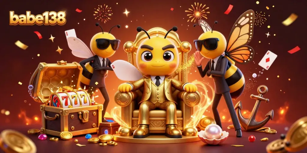 Gambar ilustrasi 3D menampilkan babe138 dengan elemen slot dan kemewahan permainan kasino yang berkilauan.