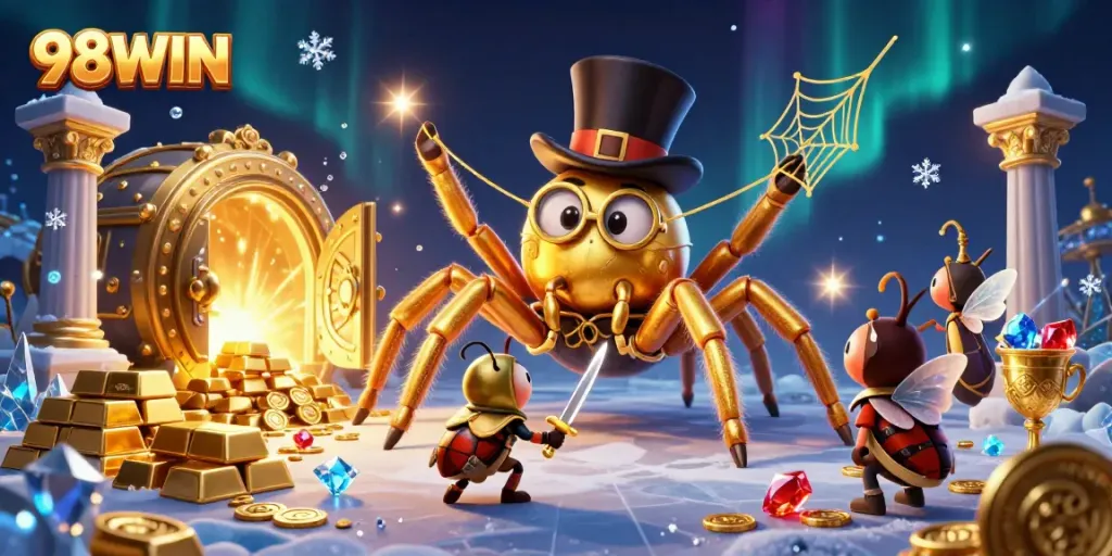 Experience the thrill of 98WIN with a 3D casino scene featuring a golden tarantula and a brave beetle knight.