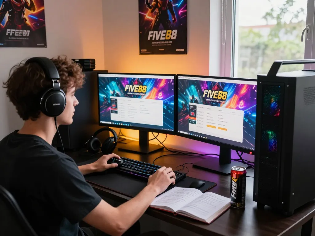 Exciting scene of Đăng ký Five88 with a gamer at a modern desk, colorful monitors, and gaming gear