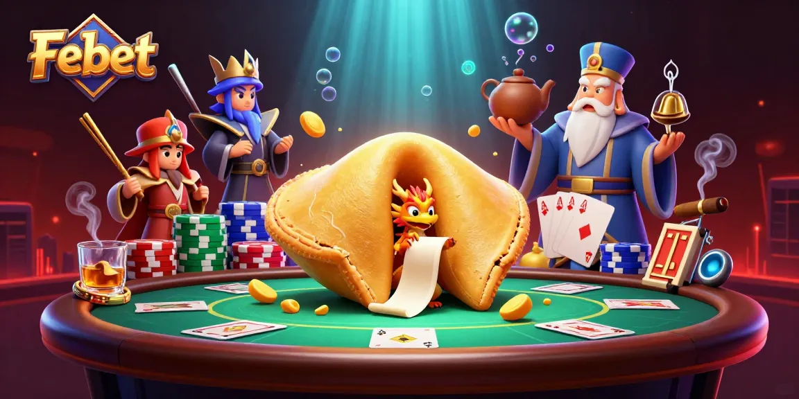 Engage with Febet's vibrant gaming scene featuring a golden fortune cookie, poker elements, and dynamic characters.