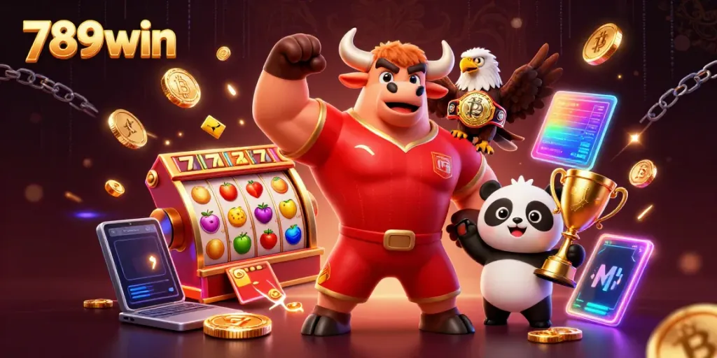 Experience the vibrant energy of 789win with a victorious bull mascot, eagle, and panda amidst casino icons.