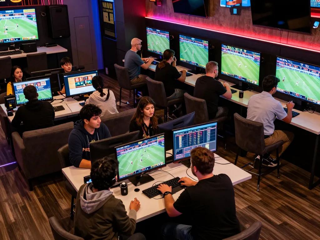 LUCKY88 sports bettors discussing strategies in a vibrant betting lounge with live games.