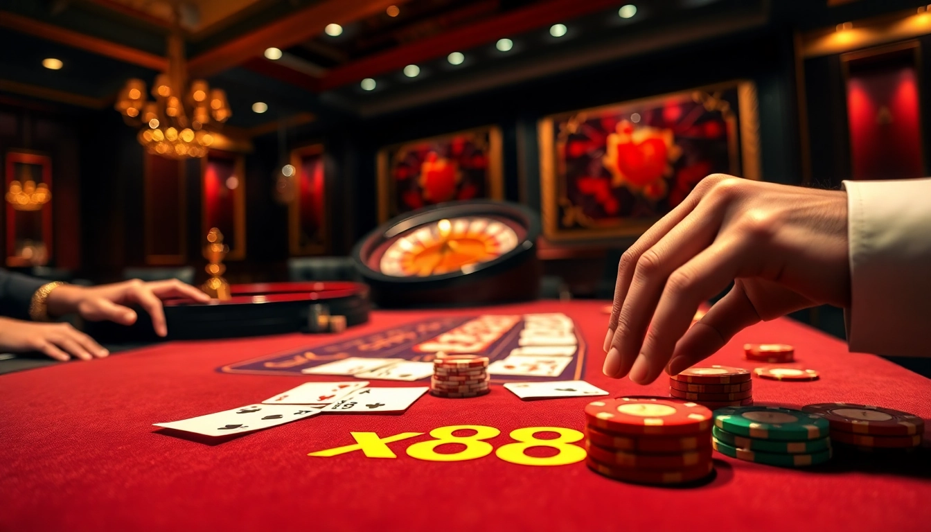 x88 players strategically placing bets at a luxurious casino poker table with vibrant chips
