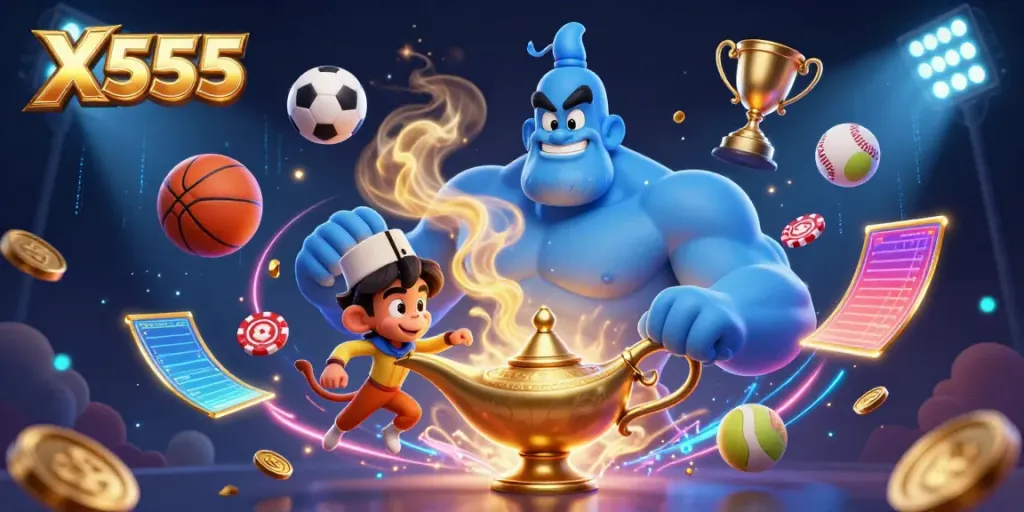 X555 showcases a fun gambling atmosphere with a genie, monkey, and flying poker chips.