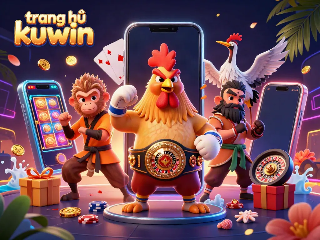 Experience thrilling action at trang chủ kuwin with a colorful casino scene featuring vibrant characters and games.