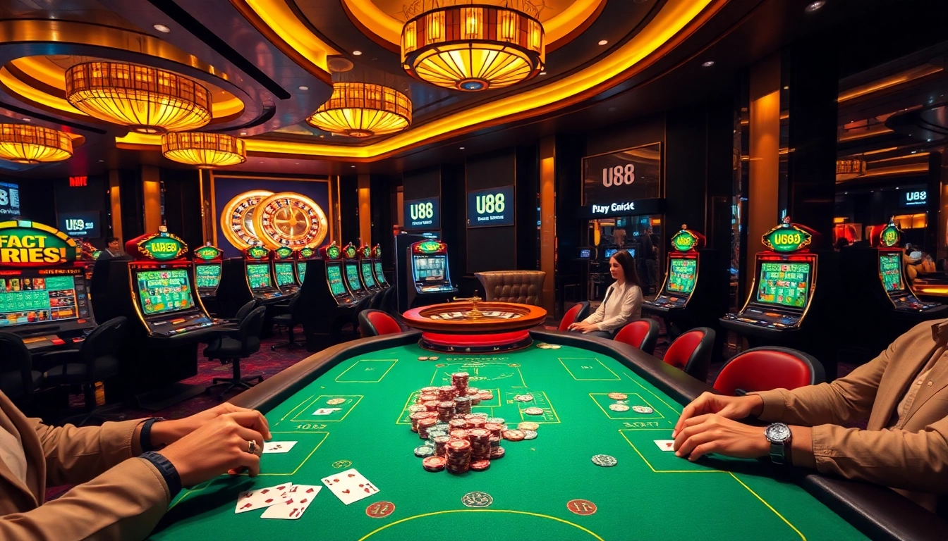 Experience thrilling gameplay at U88 Casino with glamorous tables and vibrant gaming elements.